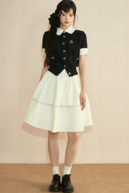 Color-Block Knit Cardigan and Pleated Skirt Set-Up