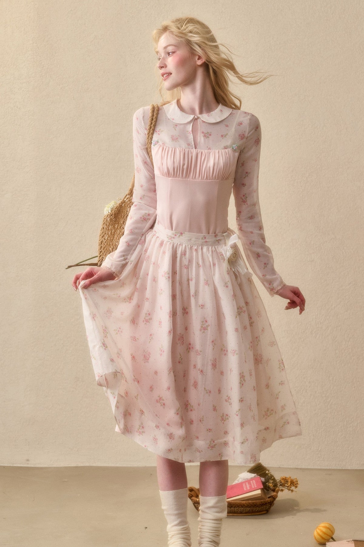 Peach Floral Satin Tencel Dress With Skirt Set-Up