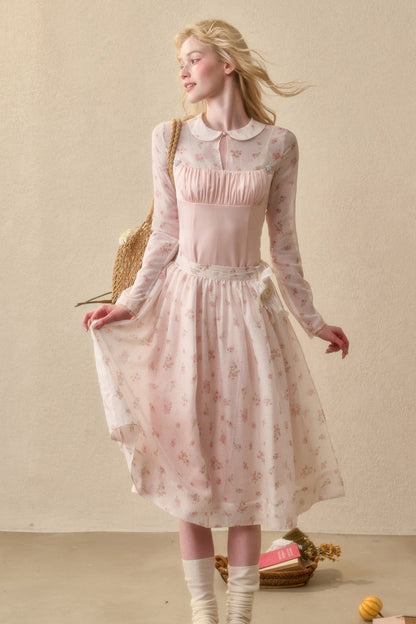 Peach Floral Satin Tencel Dress With Skirt Set-Up