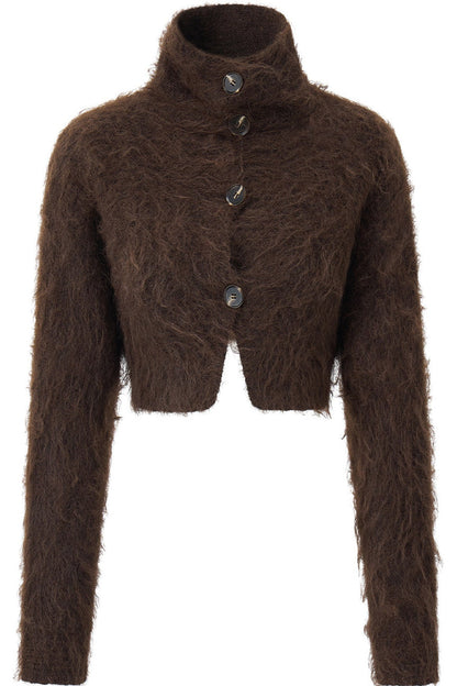 Long-Haired Turtleneck Knit Cardigan