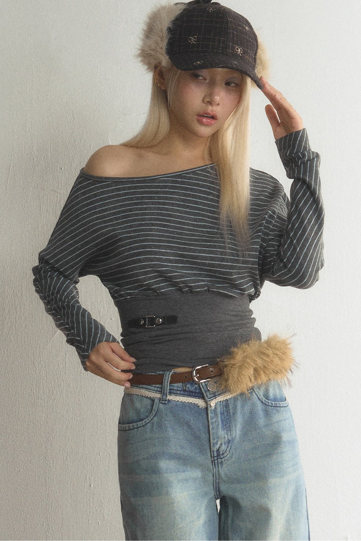 Striped Off-Shoulder Top and Jeans Set-Up