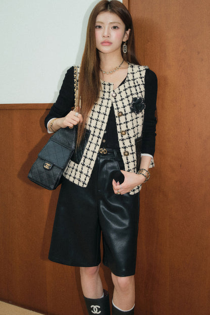 Black And White Checkered Tweed Vest And Mid-Length Pants Set-Up