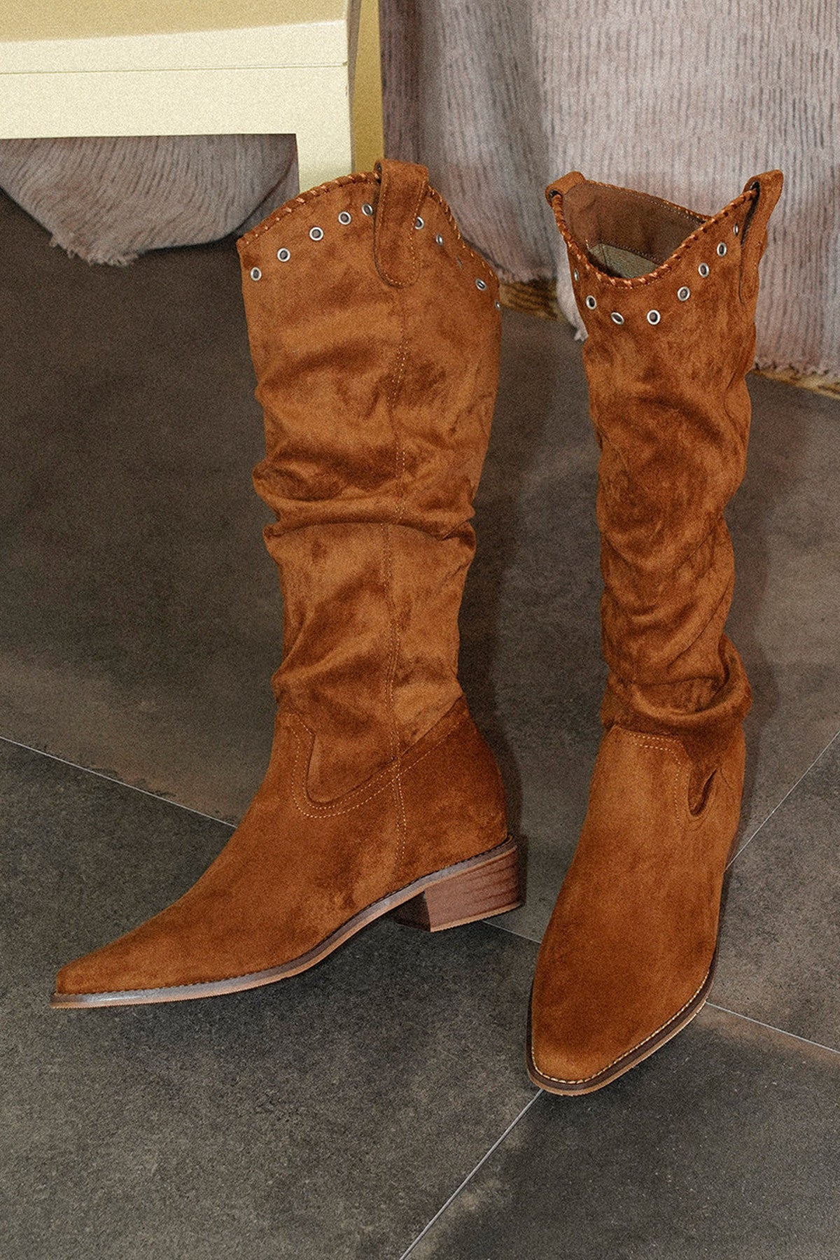 Studded Suede Slouch Boots