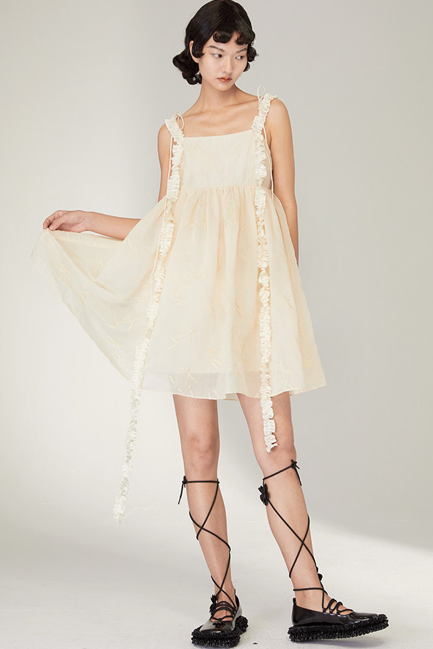 Floral Jacquard Ruffle Strap Dress
