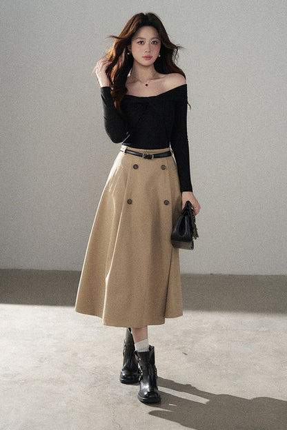 Knot Off-Shoulder Knit Pullover Top and Khaki Skirt Set-Up
