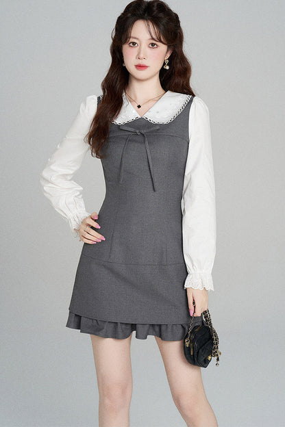 Gray Doll Collar Cinched Waist Dress