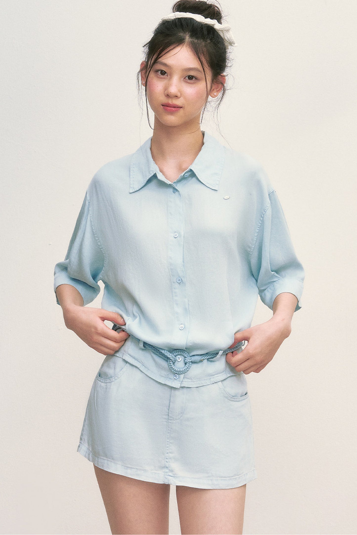 Short Sleeve Light Blue Shirt and Skirt Set-Up