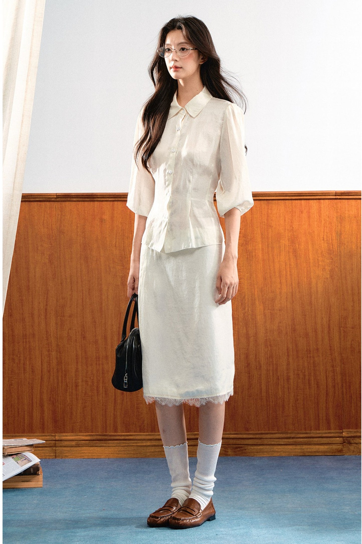 Lace Trim Puff Sleeve Top and Skirt Set-Up