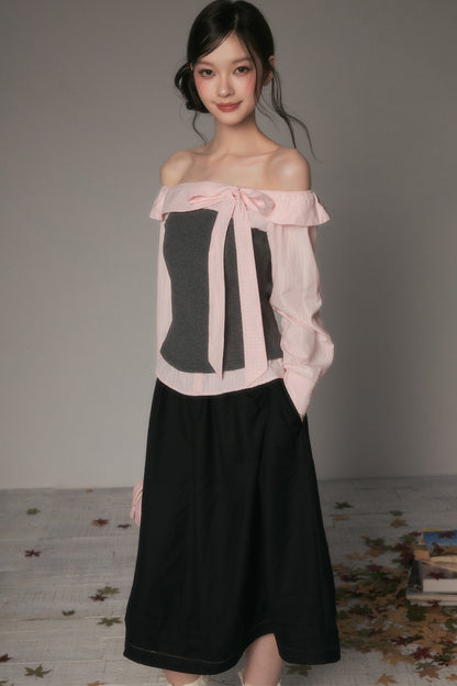 One-Shoulder Bow Spliced Long-Sleeve T-Shirt