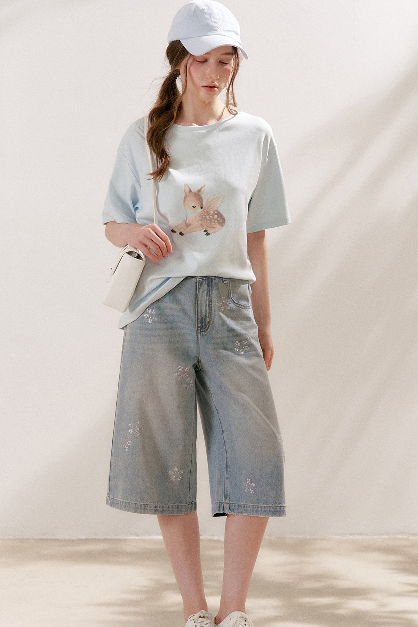 Floral Rhinestone Wide-Leg Denim Pants