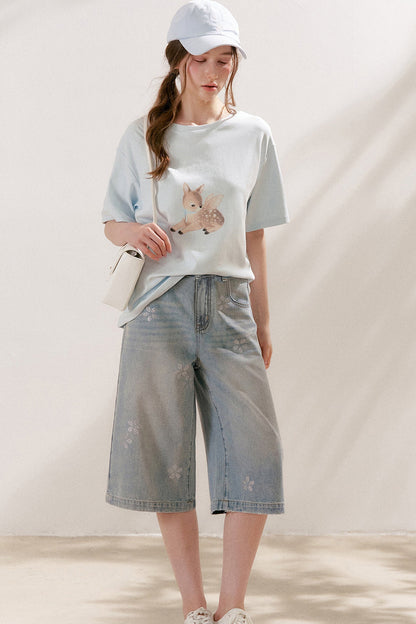 Floral Rhinestone Wide-Leg Denim Pants