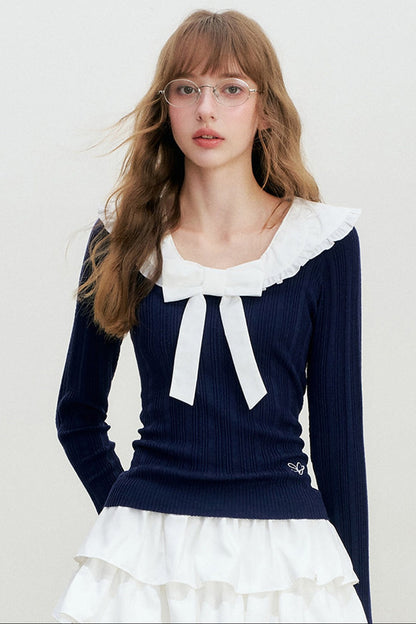 Doll Collar Detachable Bow Knit Top