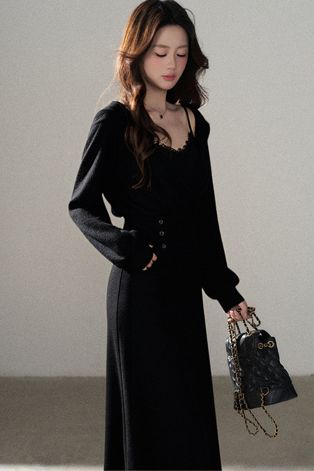Apricot Flared Lace Dress and Hooded Sweatshirt