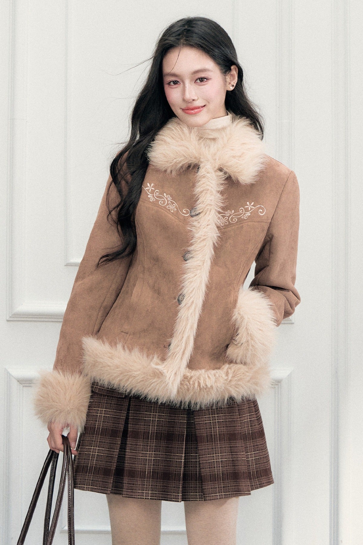 Double-Breasted Pleated Plaid A-Line Skirt
