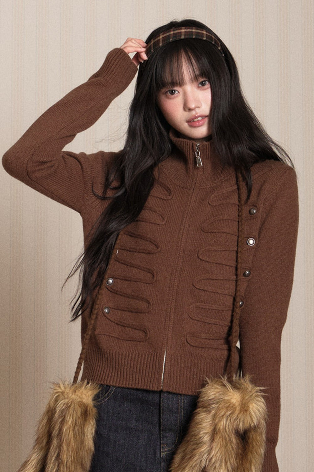 Napoleon Style Zipper Knit Cardigan