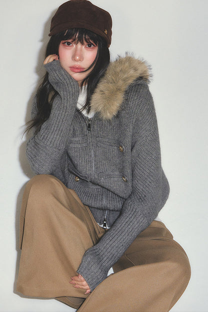 Large Fur Collar Batwing Knit Cardigan