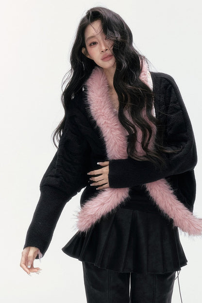 Detachable Fur Collar Batwing Knit Cardigan