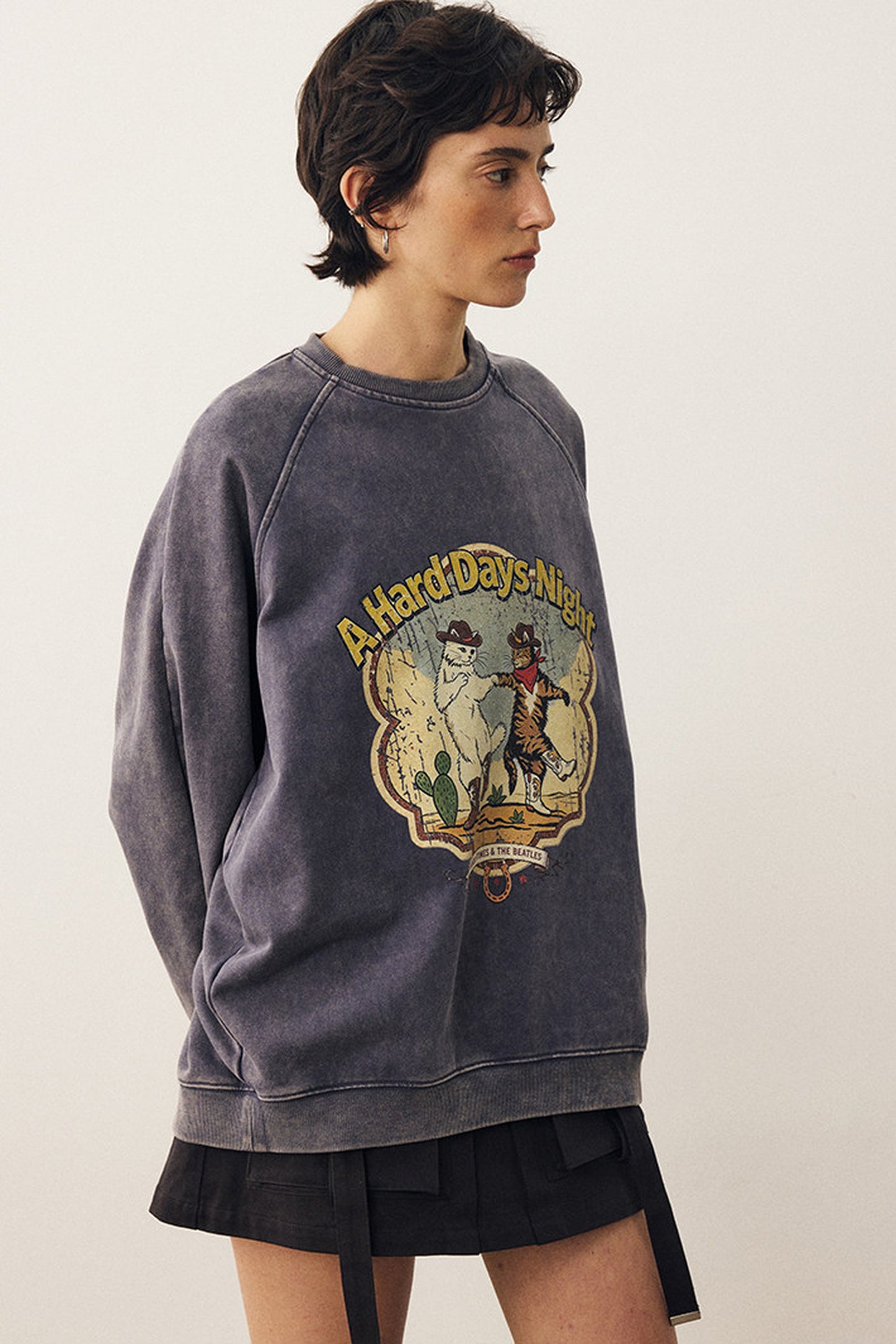Washed Cat Print Sweatshirt and Pants Set
