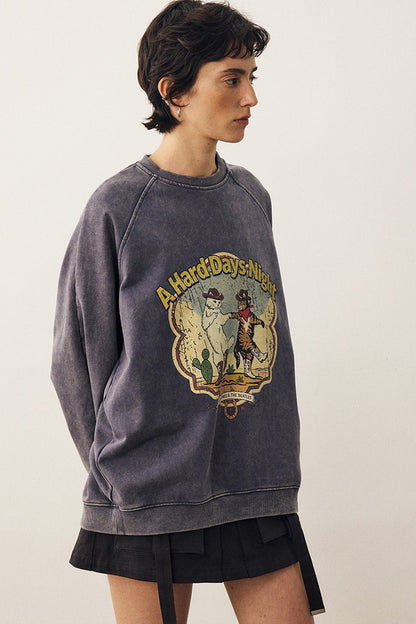 Washed Cat Print Sweatshirt and Pants Set