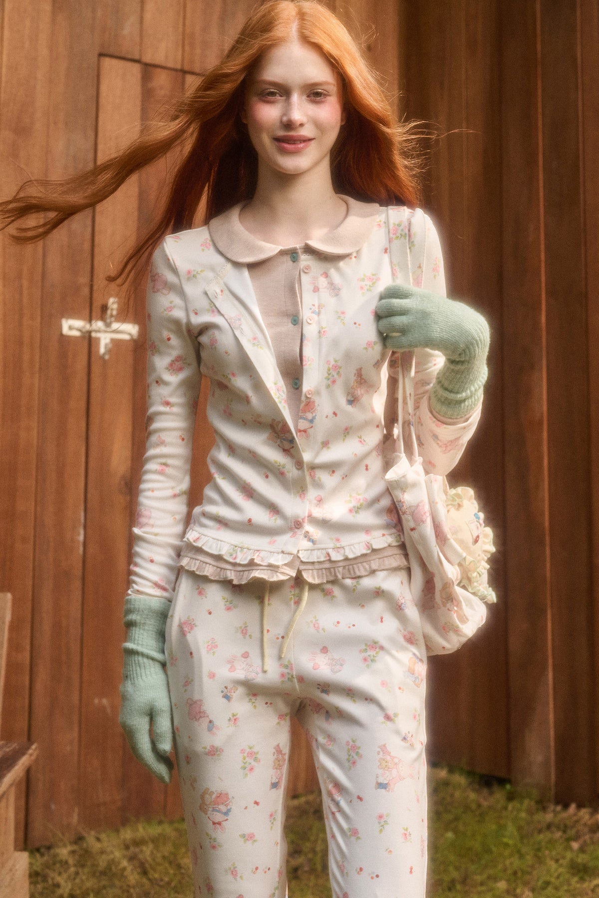 Layered-Look Floral Bunny Cardigan and Pants Set-Up