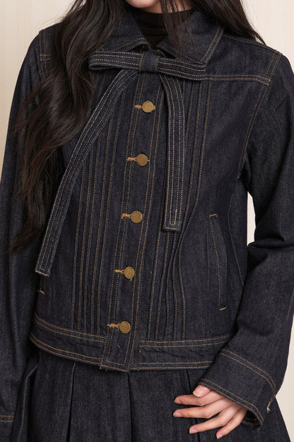 Washed Denim Lapel Tie Jacket