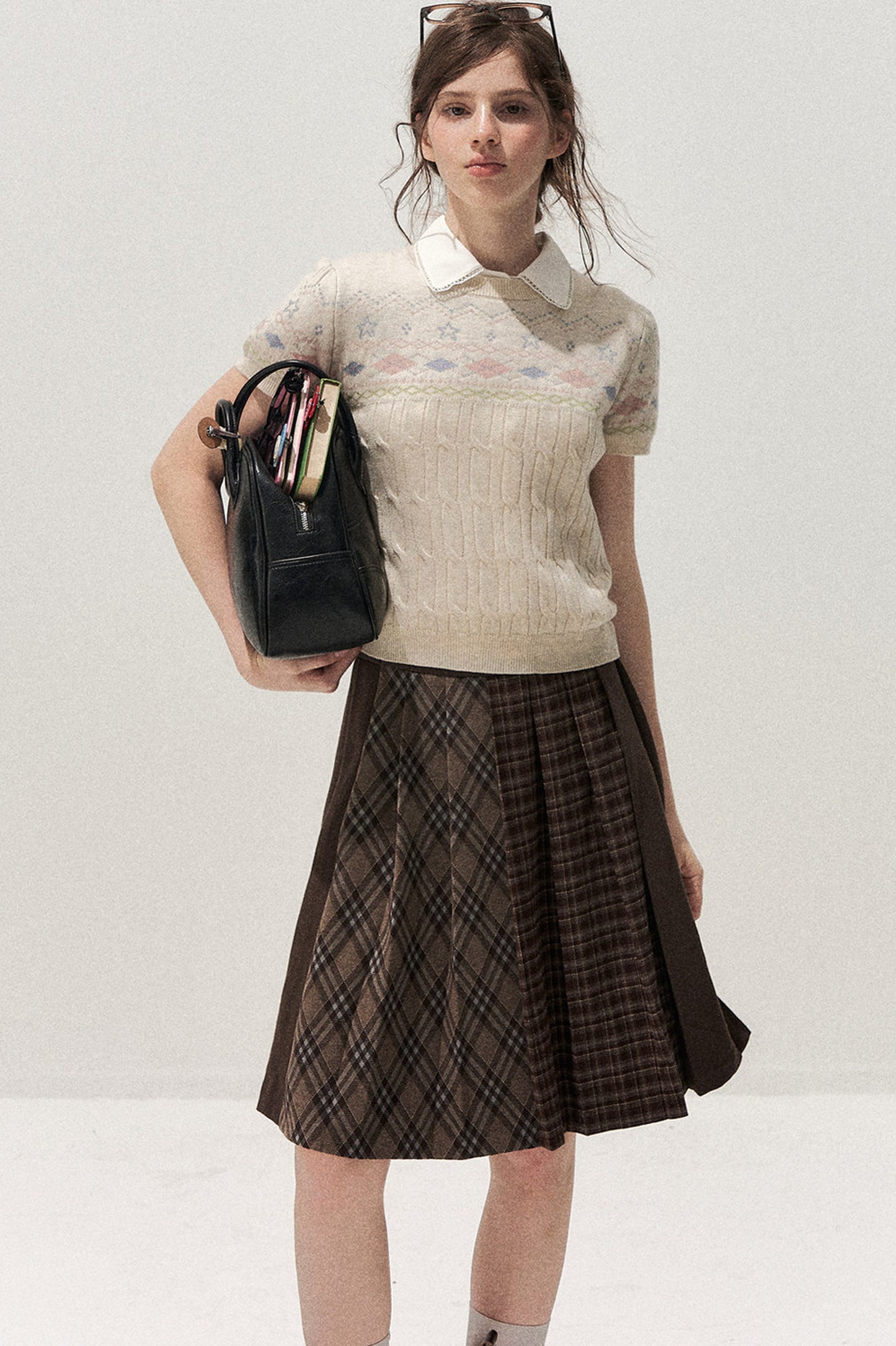 Retro Fair Isle Argyle Short-Sleeve Knit Sweater and Skirt Set-Up