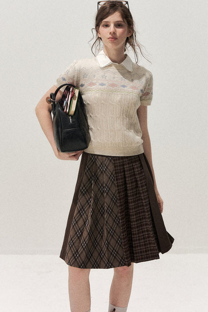 Retro Fair Isle Argyle Short-Sleeve Knit Sweater and Skirt Set-Up