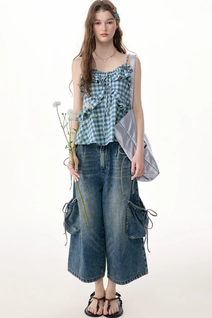 High-Waist Tie-Waist Cargo Denim Wide-Leg Pants