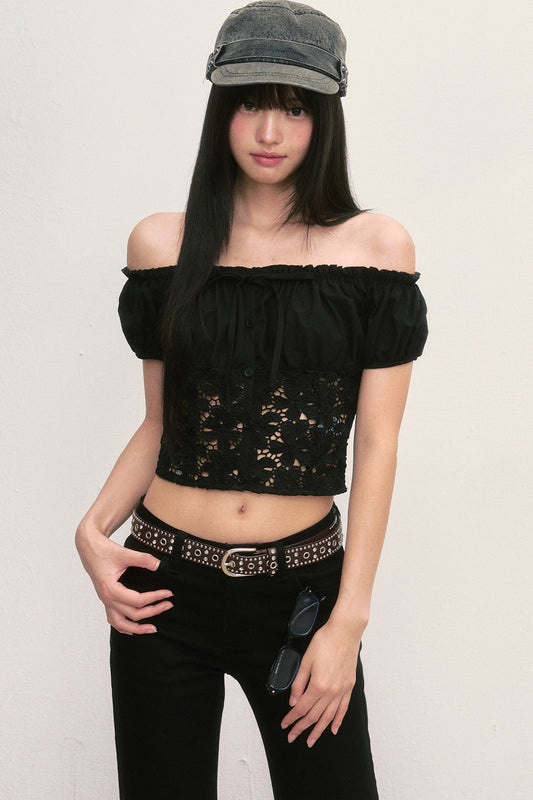 Off-Shoulder Lace Cutout Puff Sleeve Crop Top