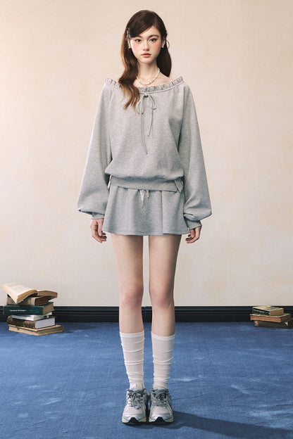 Gray Off-Shoulder Sweatshirt and Sweatpants Skirt Set-Up