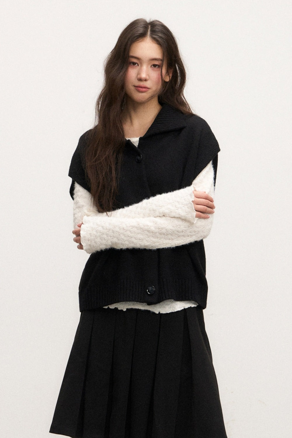 Ensemble cardigan gilet en maille à revers noir