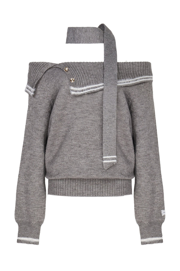 Red One-Shoulder Knitted Sweater Set-Up