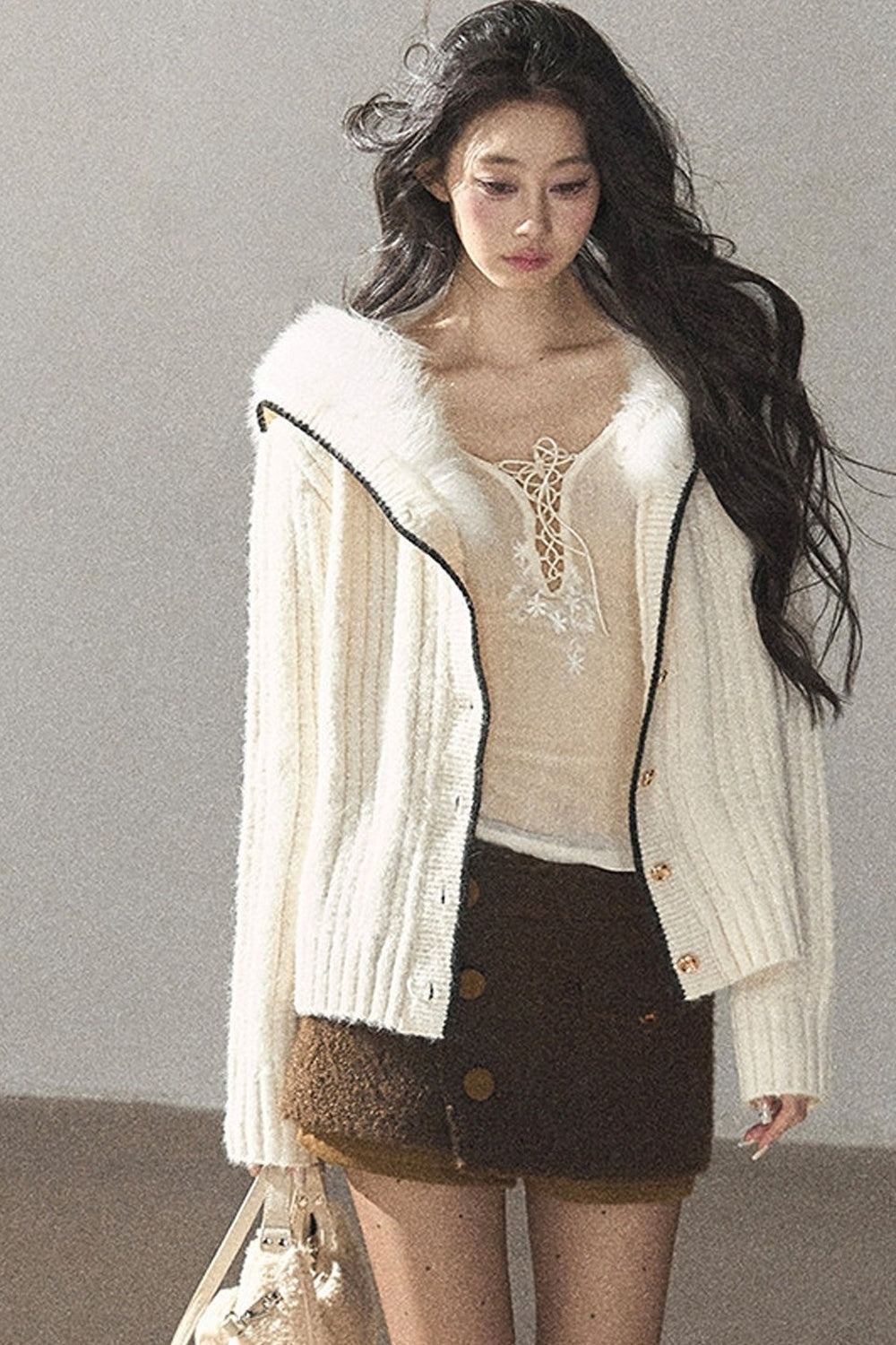 Navy Collar Wool Ribbed Striped Cardigan