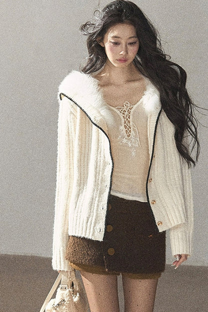 Navy Collar Wool Ribbed Striped Cardigan