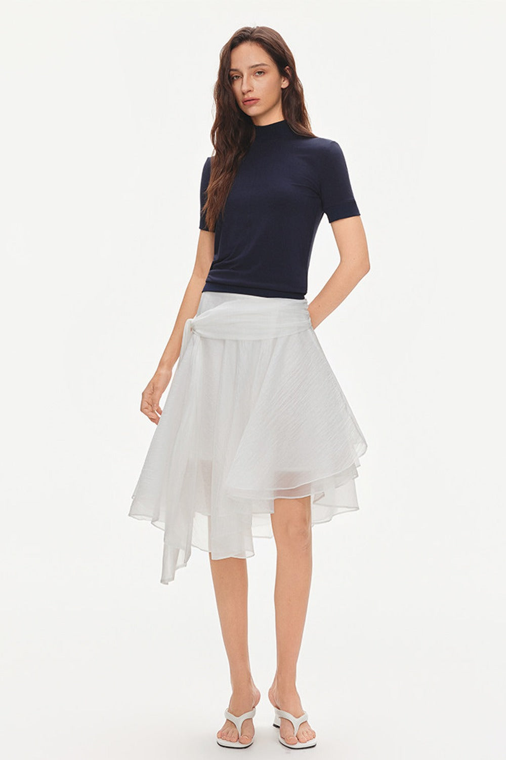 Asymmetrical Tie Waist Sheer Midi Skirt
