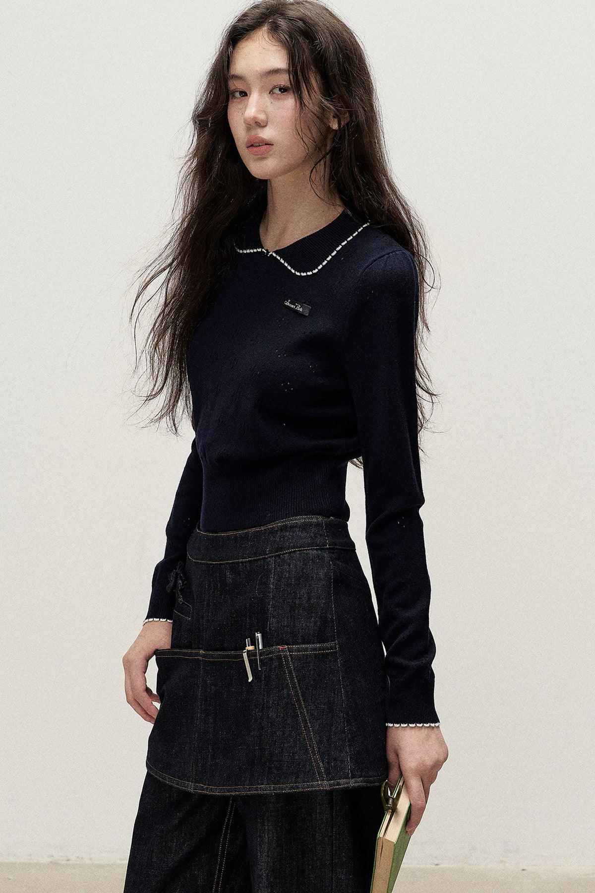 Doll Collar Floral Hollow Knit Top