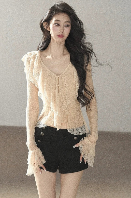 Ruffled French-Style Hollow-Out Blouse
