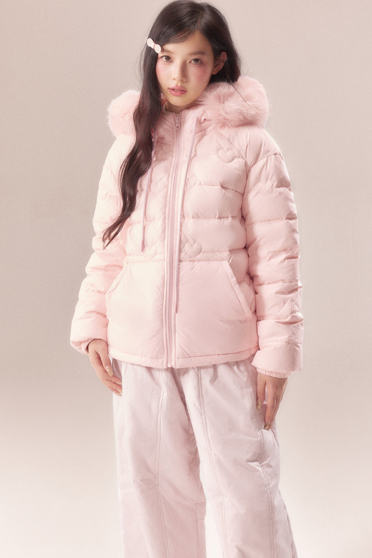 Heart Quilted Fur Collar Hooded Jacket