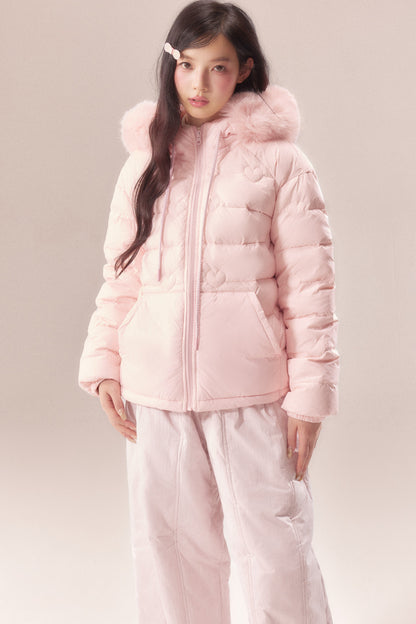 Heart Quilted Fur Collar Hooded Jacket