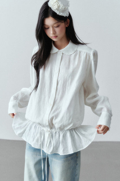Low-Waist Ruffle Linen Shirt
