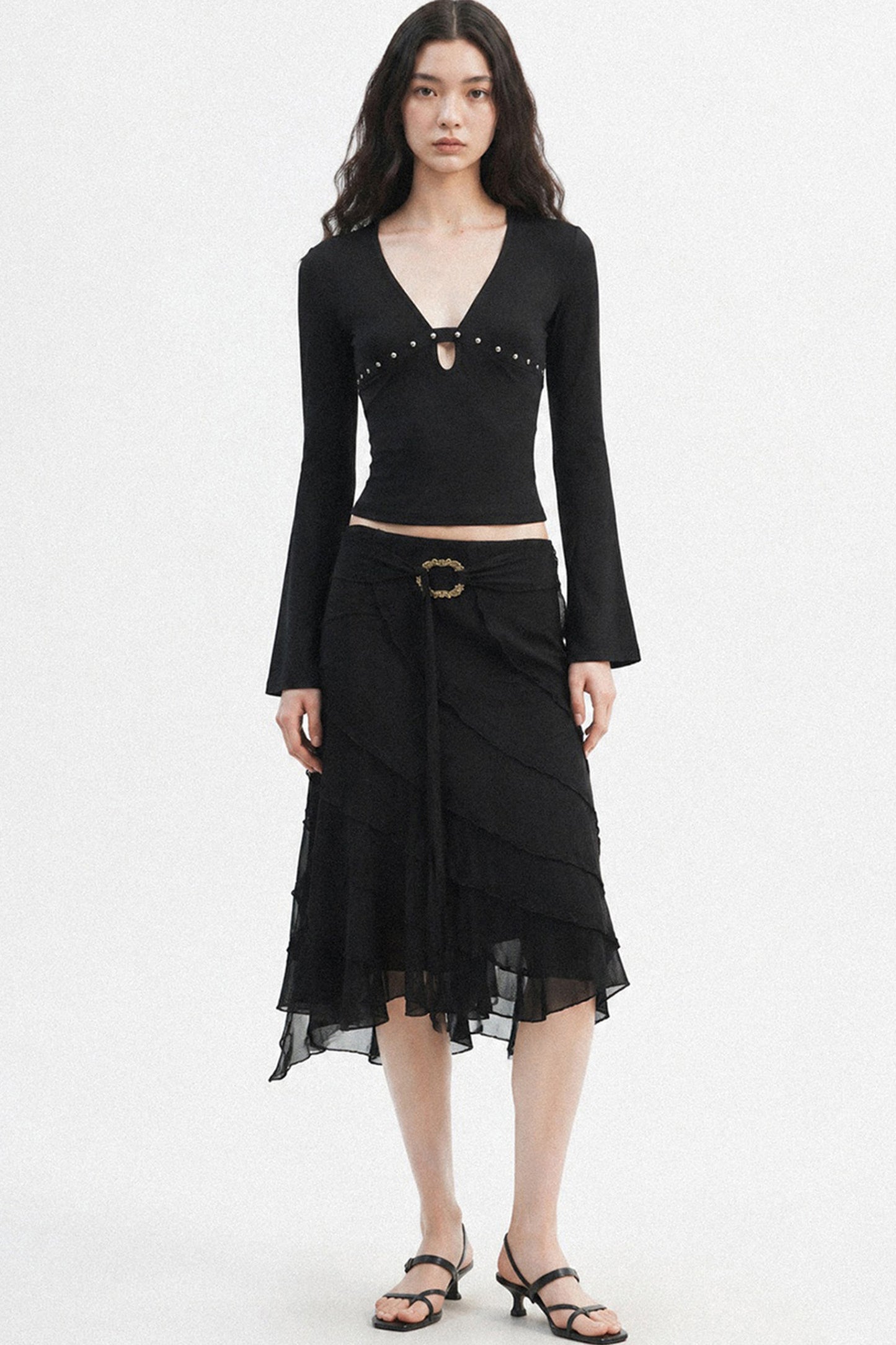 Black Metal Ring Tie Irregular Layered Tulle Skirt