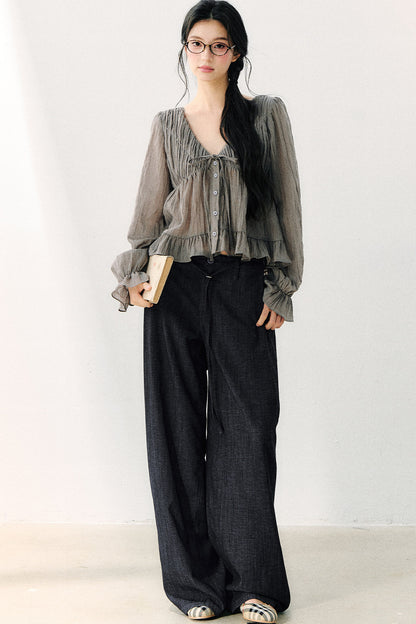 Ruffled V-Neck Long-Sleeved Chiffon Top