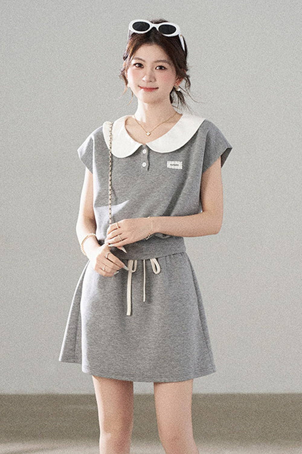 Gray Doll Collar Short-Sleeve Top and Skirt Set-Up