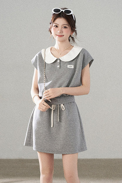 Gray Doll Collar Short-Sleeve Top and Skirt Set-Up