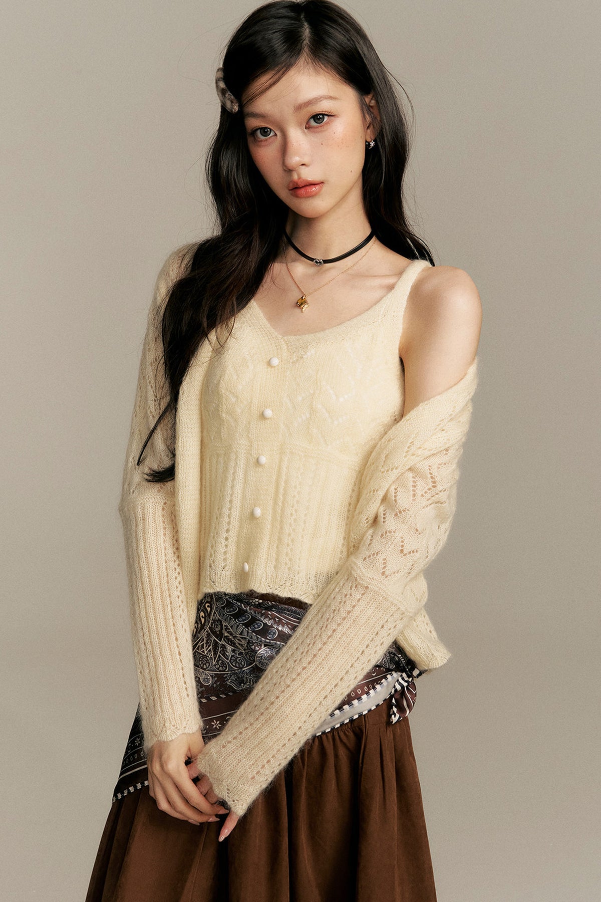 Crochet Knit Cardigan and Camisole Two-Piece With Skirt Set-Up