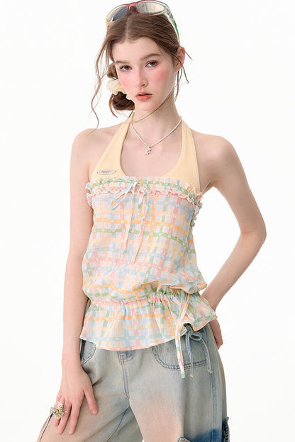 Blusa all'americana a quadri pastello