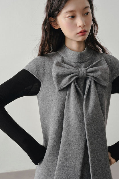 Woolen Bow Flutter Sleeve Dress