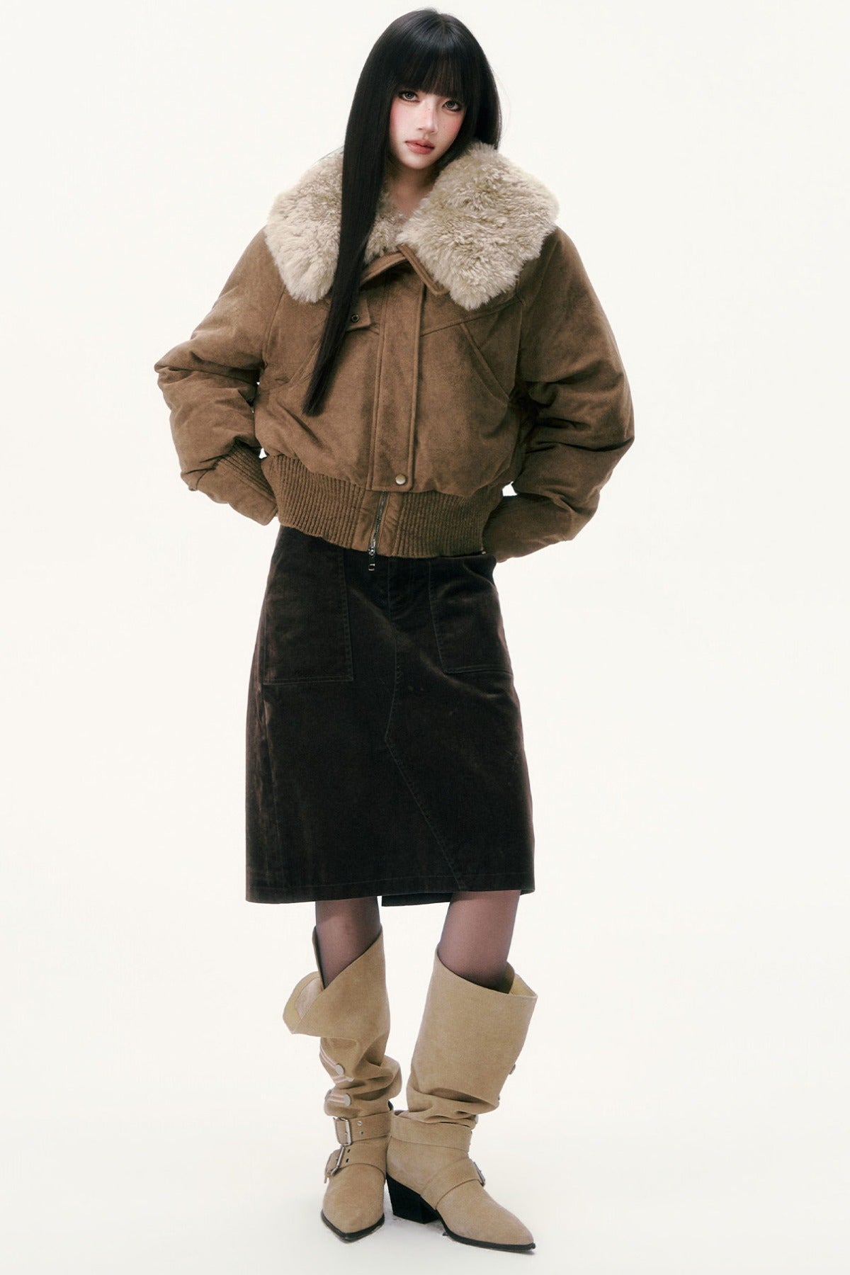 Olive Green Wool Collar Down Jacket