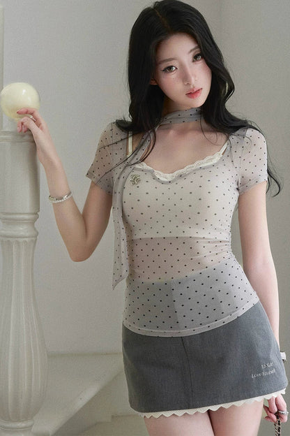 Gray Lace Polka Dot Top Skirt Set-Up