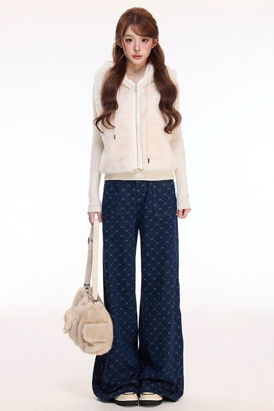 Hooded Faux Fur Vest and Wide-Leg Denim Pants Set-Up